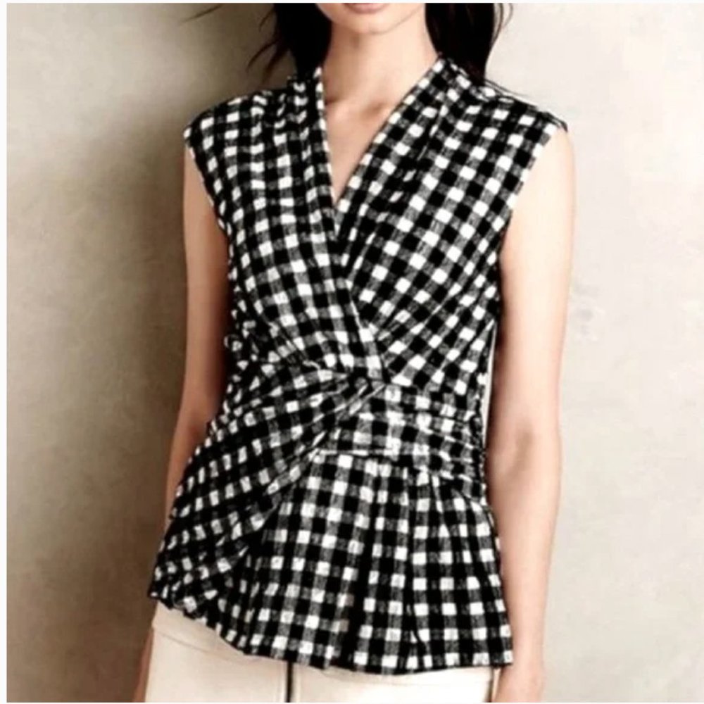 DELETTA black and white buffalo check/gingham gathered top
